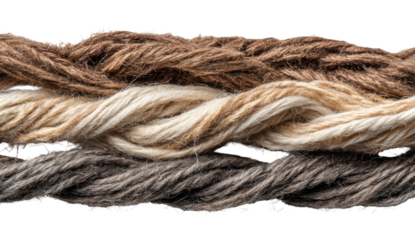 Close-up of three strands of braided yarn, showcasing a variety of warm brown and beige tones