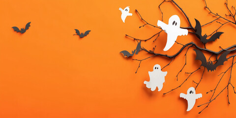 Happy halloween holiday concept. Halloween decorations, bats, ghosts on orange background. Halloween party greeting card mockup with copy space. Flat lay, top view, overhead.