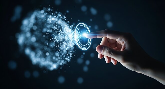 Data clustering and segmentation concept. A hand draws a circle of light to group a specific data cluster within a holographic cloud.