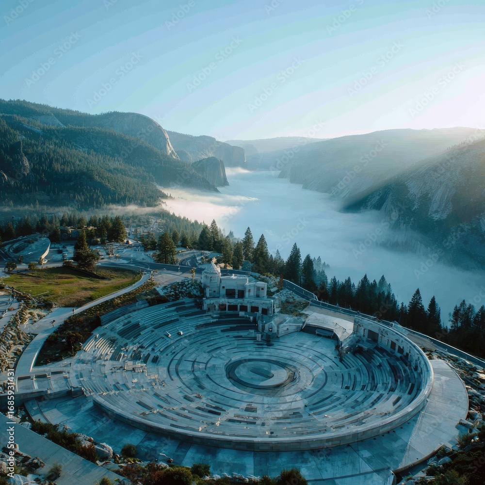 Poster high-angle view of a large, circular amphitheater nestled within a valley, surrounded by towering pi