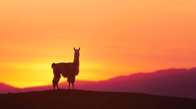 Llama silhouetted against a vibrant sunset sky with mountain backdrop - Powered by Adobe