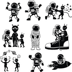 Fototapeta premium Funny Astronaut and Alien Silhouettes – Space Adventure, Dancing, Handshake, Wrapped Astronaut, Rocket Ride, Planets, Selfie, Cartoon Characters