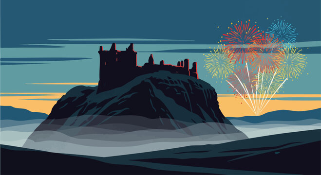 Hogmanay Fireworks over a Scottish Castle Ruin