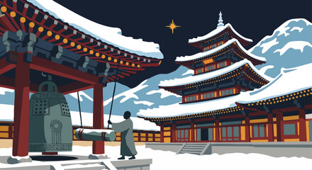Midnight Bell-Ringing at a Snowy Korean Temple