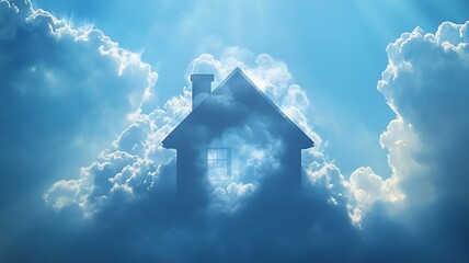 Realistic house-shaped cloud drifting in a vibrant blue sky, with crisp airy appearance, intricate details, and sunshine creating subtle glows.