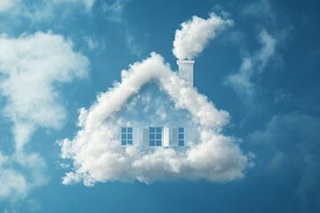 Realistic house-shaped cloud drifting in a vibrant blue sky, with crisp airy appearance, intricate details, and sunshine creating subtle glows.