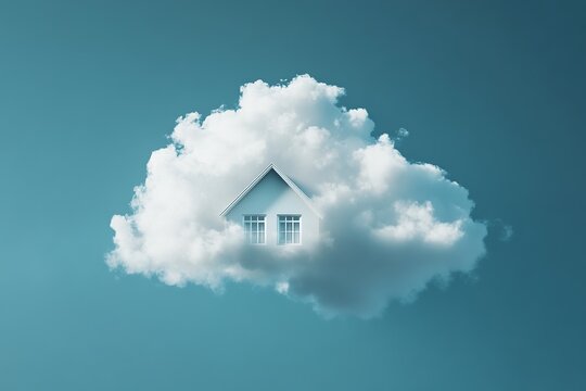 Realistic house-shaped cloud drifting in a vibrant blue sky, with crisp airy appearance, intricate details, and sunshine creating subtle glows.