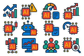 Naklejka premium AI Finance Icons. Flat vector icons of AI in finance: algorithmic trading, fraud detection, credit scoring AI, financial