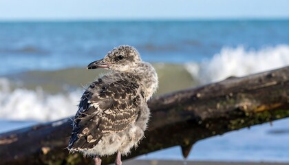 A young seagull chick, perched on driftwood, gazes out at the ocean waves, showcasing delicate downy feathers and a soft, inquisitive expression.
