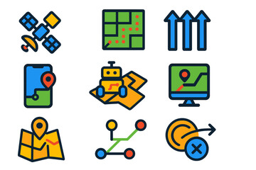 Autonomous Navigation Icons. Flat vector icons of autonomous navigation: GPS module, path planning grid, navigation arrows, robot