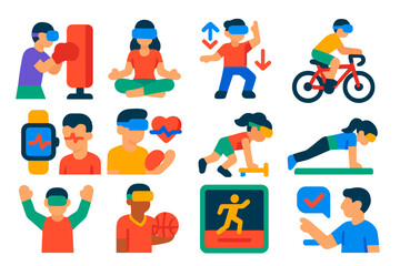VR Fitness Icons. Flat vector icons of VR sports and fitness: boxing simulator, VR yoga, dance game, virtual cycling, fitness