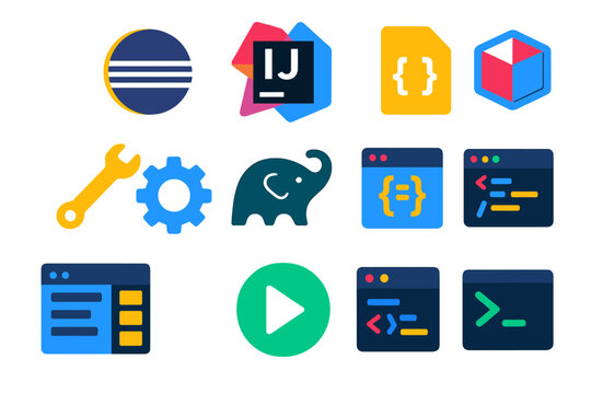 Colorful IDE Icons. Flat vector icons of Java IDEs and Tools: Eclipse logo, IntelliJ IDEA icon, NetBeans IDE, build tool, Maven