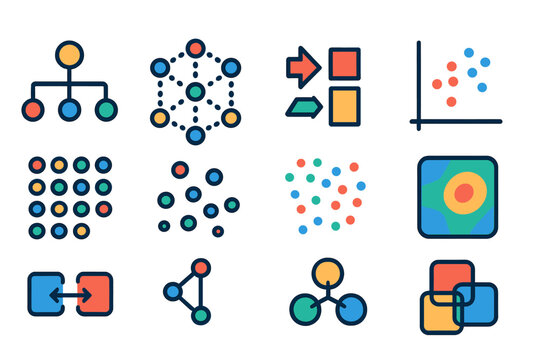 Unsupervised Learning Icons. Flat vector icons of unsupervised learning: clustering algorithm, k-means clusters, dimensionality