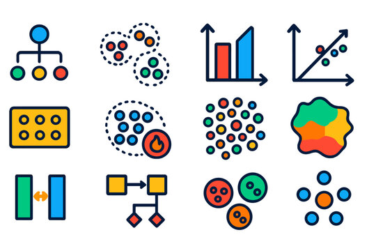 Unsupervised Learning Icons. Flat vector icons of unsupervised learning: clustering algorithm, k-means clusters, dimensionality