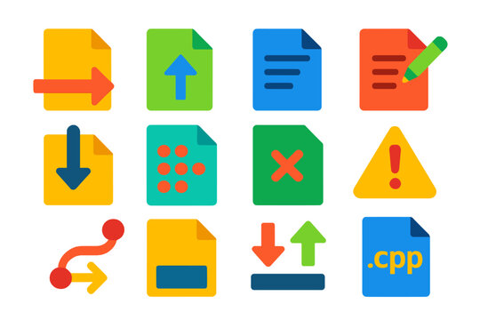 C++ File Icons. Flat vector icons of C++ file handling: file stream icon, open file symbol, read text, write text, file pointer,
