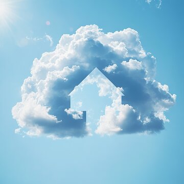 Realistic house-shaped cloud drifting in a vibrant blue sky, with crisp airy appearance, intricate details, and sunshine creating subtle glows.