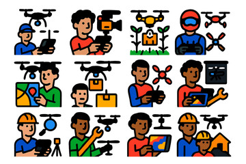 Drone Careers Icons. Flat vector icons of drone careers and jobs: drone pilot, drone cinematographer, agricultural drone tech,