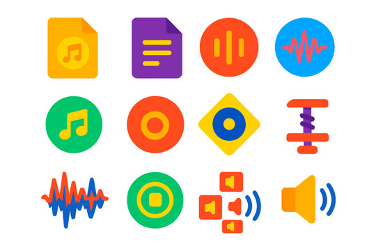 Audio Format Icons. Flat vector icons of audio formats: MP3 file, WAV file, FLAC icon, AAC icon, OGG symbol, AIFF file, PCM