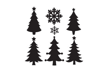 Black silhouette christmas trees and snowflakes on white background