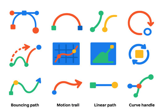 Dynamic Motion Paths. Flat vector icons of motion paths and curves: bezier path icon, arc of motion, easing curve, loop path,