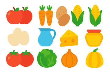 Vibrant Farm Produce Icons. Flat vector icons of farm produce: apples, carrots, potatoes, corn cobs, eggs, milk jug, cheese wedge,