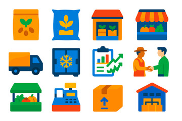 Agricultural Supply Chain Icons. Flat vector icons of agricultural supply chain: seed supplier, fertilizer bag, packaging center,