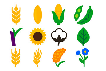 Vibrant Crop Icons. Flat vector icons of agricultural crops: wheat stalk, rice grain, corn cob, soybean pod, sugarcane stick,