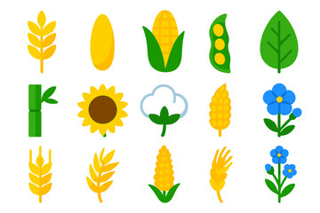 Vibrant Crop Icons. Flat vector icons of agricultural crops: wheat stalk, rice grain, corn cob, soybean pod, sugarcane stick,
