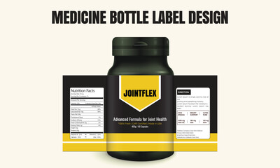 Black and yellow medicine bottle label design for a joint health supplement, featuring nutrition facts, directions, and bold branding layout.