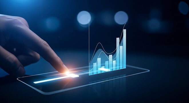 Interactive dashboard and BI concept. An executive's finger adjusts a slider on a minimal holographic dashboard, causing a bar chart to change in real-time. - Powered by Adobe