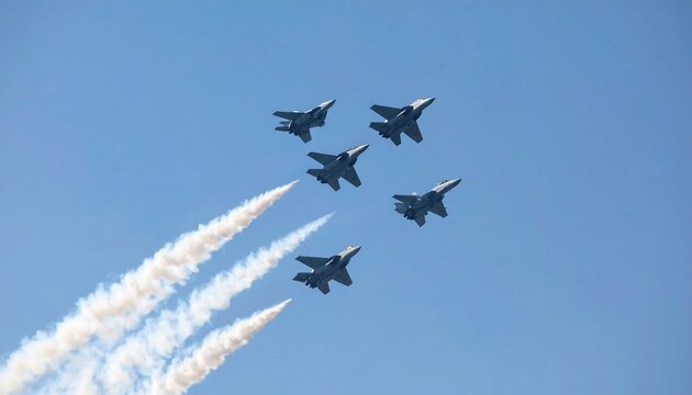 Military jets in a formation fly in a clear blue sky, leaving white smoke trails