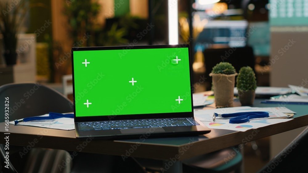 Poster after hours office space with mockup laptop and a glowing analytics display, multinational company s