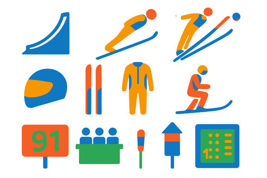Ski Jumping Icons. Flat vector icons of ski jumping: jump ramp, takeoff icon, skier in air, ski suit, aerodynamic helmet, jump