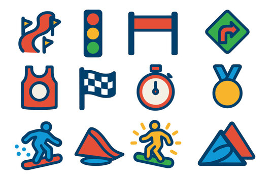 Snowboard Race Icons. Flat vector icons of snowboard race events: boardercross track, timing light, start gate, sharp turn icon,