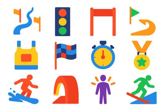 Snowboard Race Icons. Flat vector icons of snowboard race events: boardercross track, timing light, start gate, sharp turn icon,
