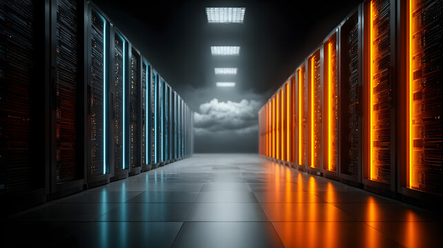 Information traveling through the data center storag in blue and orange colors Cloud computer system intrnet infrastructure room, ybersecurity, telecommuniction cluster, rack hardwar technology