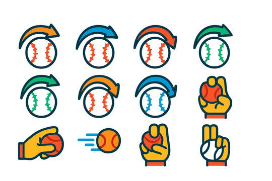 Baseball Pitch Icons. Flat vector icons of baseball pitches: fastball, curveball, slider, changeup, knuckleball, sinker, cutter,