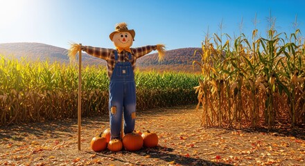 Autumn scarecrow guarding pumpkins in a cornfield with colorful fall foliage on the hills in the background on a sunny day, capturing the essence of the harvest season .