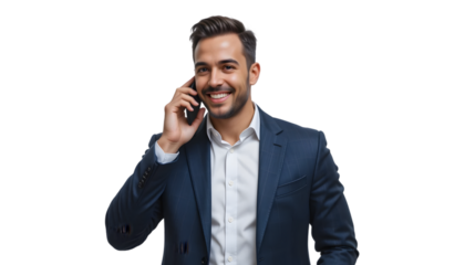 Handsome businessman in suit talking on the phone isolated on transparent background