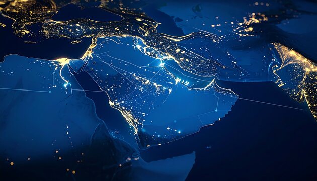 A nighttime map of the Middle East, highlighting city lights and connecting lines, potentially showing air or sea routes
