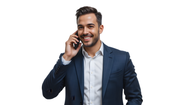 Handsome businessman in suit talking on the phone isolated on transparent background - Powered by Adobe