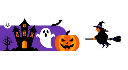 Whimsical halloween night scene with flying witch and haunted mansion drawing