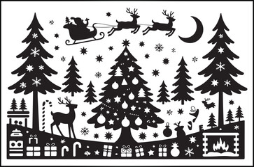 Obraz premium Black and White Christmas Silhouette with Decorated Tree, Reindeer Pulling Gift-Filled Sleigh, and Pine Trees – Festive Holiday Winter Scene Vector Illustration