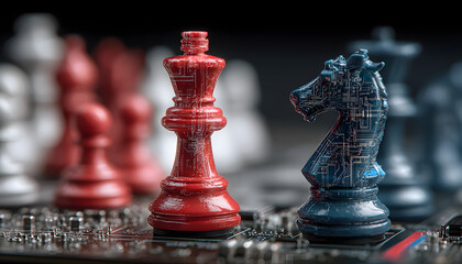 Chess game with red blue team pieces on circuit boar. Cybersecurity breach simlation concept. Strategy dgital attack threat protecion. IT security informatin technology.