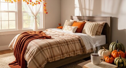 Warm and Cozy Autumn Bedroom Scene with Plaid Bedding, Knit Blanket, and Pumpkins, Creating a Seasonal and Inviting Atmosphere for a Relaxing Retreat.
