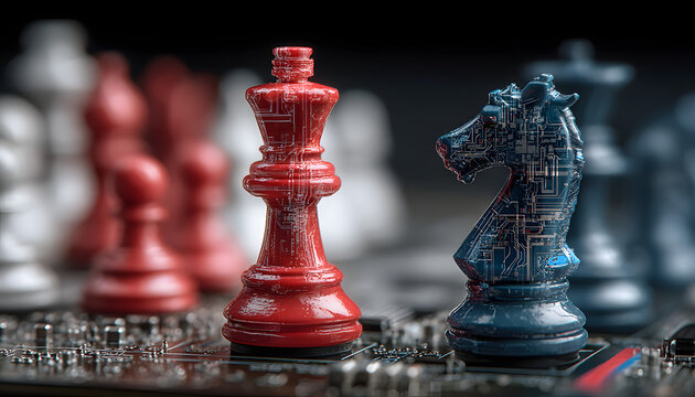 Chess game with red blue team pieces on circuit boar. Cybersecurity breach simlation concept. Strategy dgital attack threat protecion. IT security informatin technology.