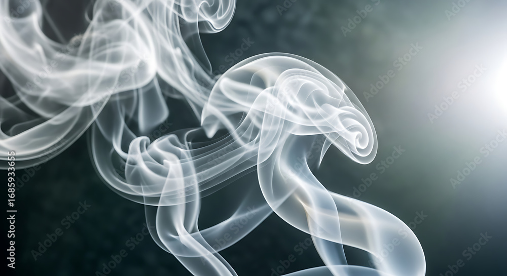 Poster graceful white smoke swirls elegantly, creating a mesmerizing abstract pattern with soft light.