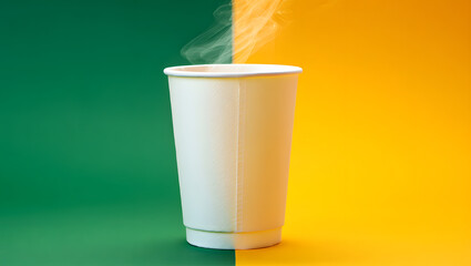 A white paper coffee cup with steam isolated on a contrasting green and yellow background