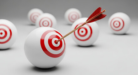 Arrow hitting bullseye on target sphere signifies perfect aim achieving success and goals