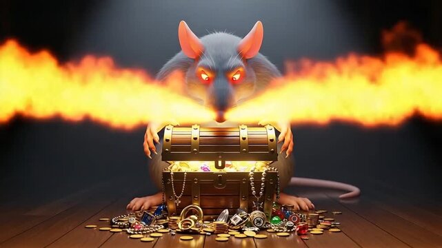 Menacing treasure hoarding rat with glowing eyes breathing fire over chest.